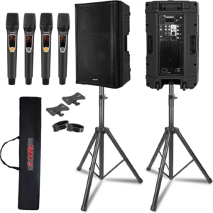 PA system with microphones, speakers, and stands