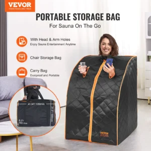 Portable storage bag for sauna, woman using.