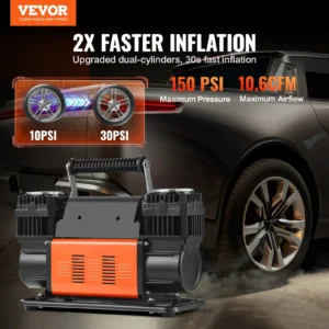 Car tire inflator with dual-cylinders for fast inflation.