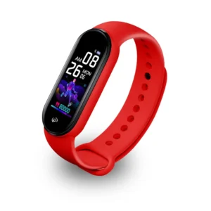 Red fitness tracker smartwatch with screen display.