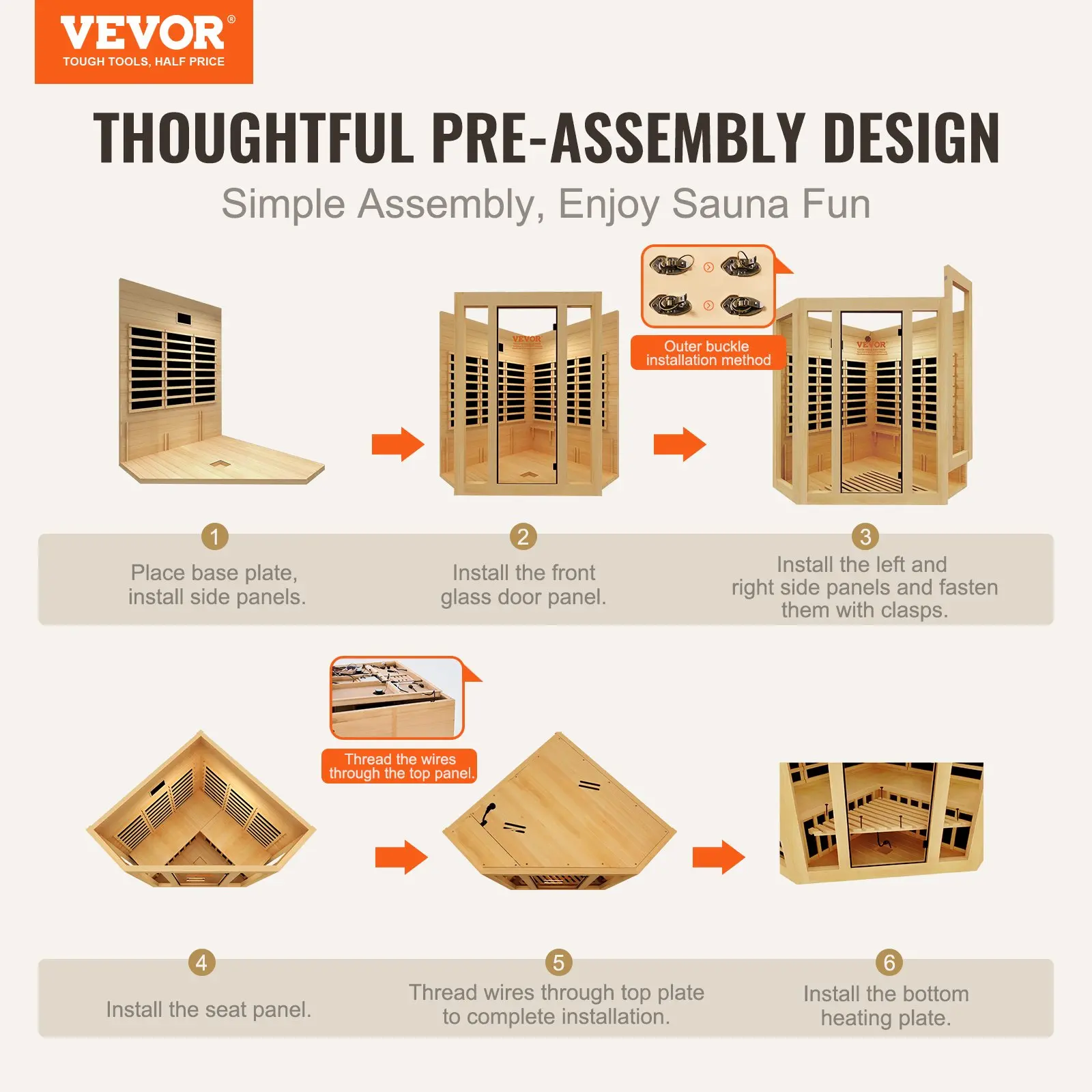 VEVOR sauna assembly instructions with six steps