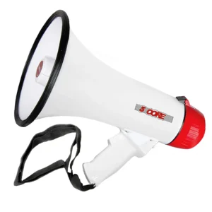 White megaphone with red trim and black strap.