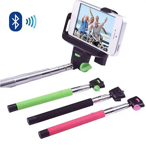 Bluetooth selfie sticks, assorted colors, holding smartphone.