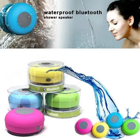 Waterproof Bluetooth shower speaker in various colors.