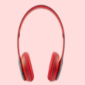 Red wireless headphones on pink background.