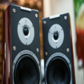 Close-up of two audio speakers