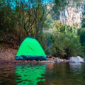 Green tent by a riverside in a forested area